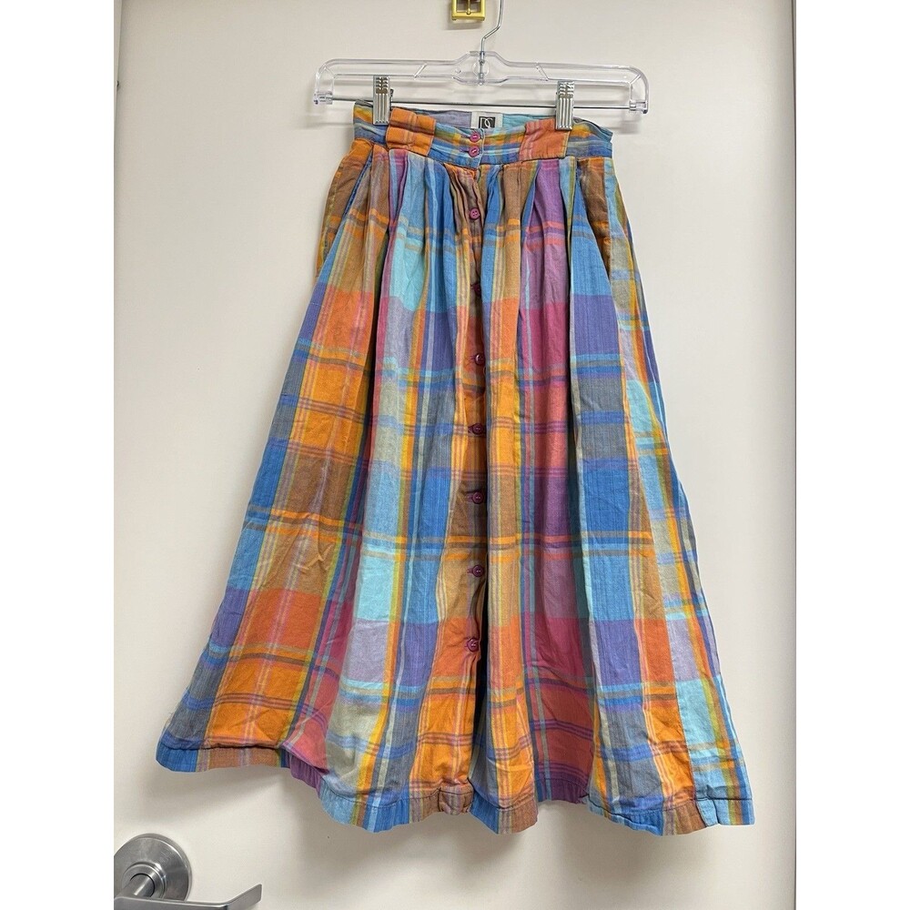 Vintage 80s P.S. Sport Colorful Cotton Plaid Midi Skirt India Made Size 2